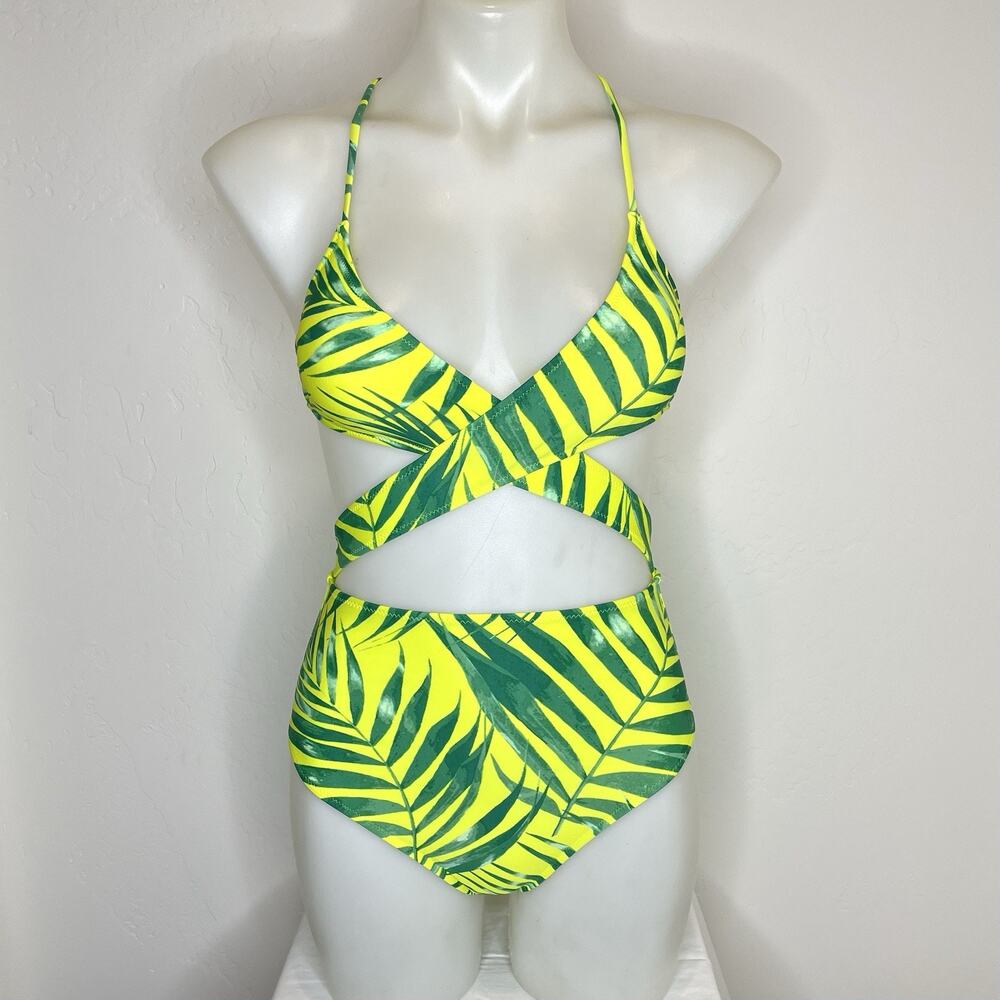 Aerie One Piece Twist Strappy Swimsuit Womens XS Bright Yellow Green Leaf Print